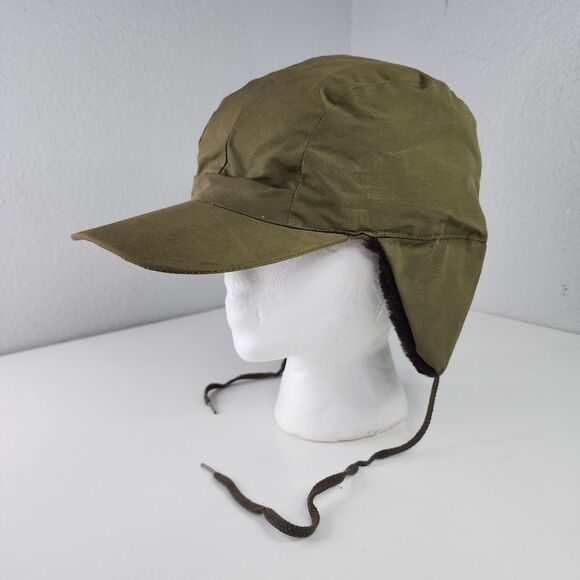 1970s Bauer Down Aviator Cap Olive Green Faux Fur Trapper Hat USA Made Vintage